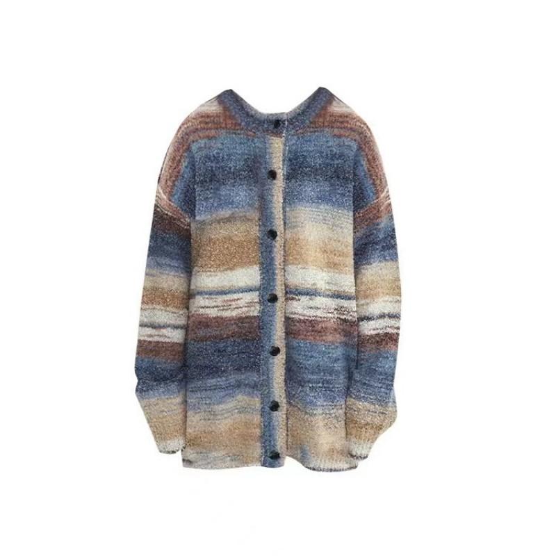 Womens Oversized V-Neck Knit Cardigan With Stripe Loose Fit Casual Sweater