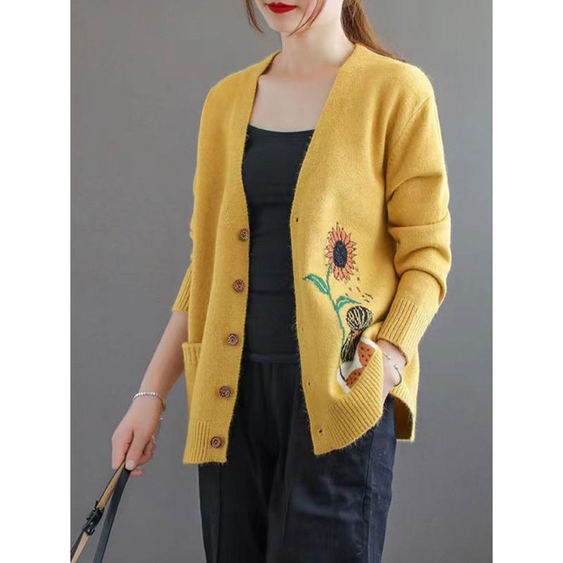 Women S Vintage V Neck Long Sleeve Knit Cardigan Loose Fit Thin Sweater Coat