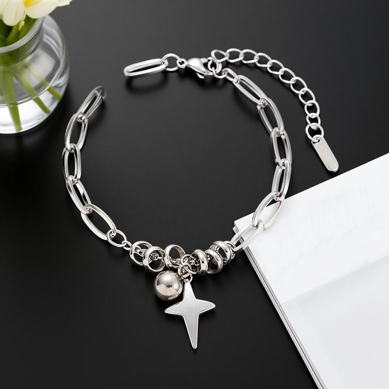 Hip Hop Punk Cross Star Ball Pendant Bracelet Suitable For Men And Women Fashionable Rock Silver Color Personalized Jewelry Gift