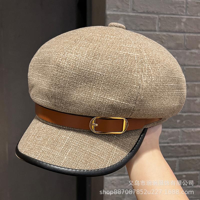 Autumn and winter new simple belt octagonal hat women's fashion versatile cap outdoor woolen warm newsboy hat