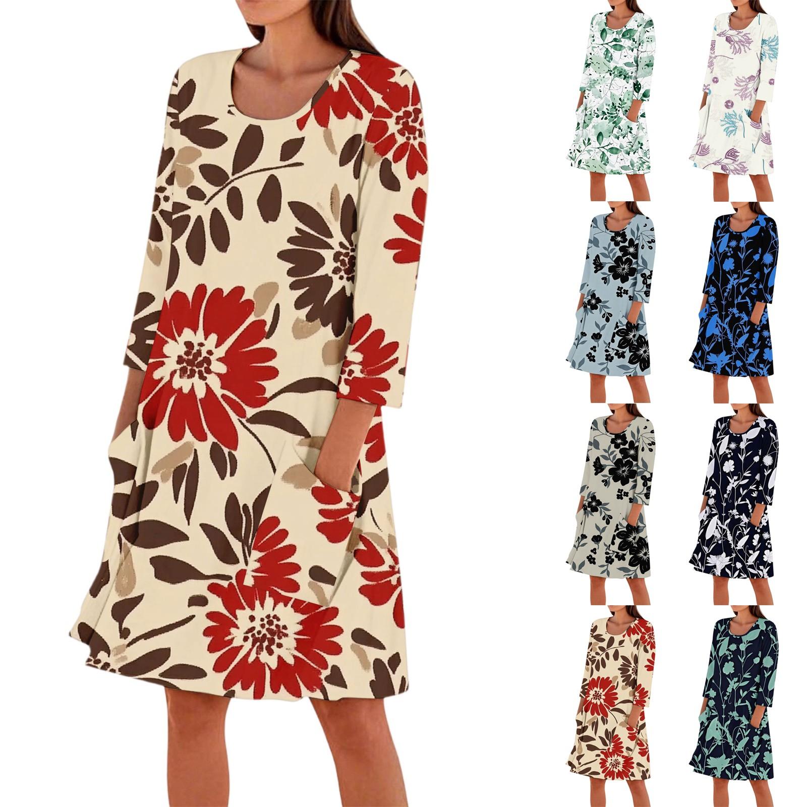 

Women s Fashion Casual Round Neck Three-quarter Sleeve Dress XXL