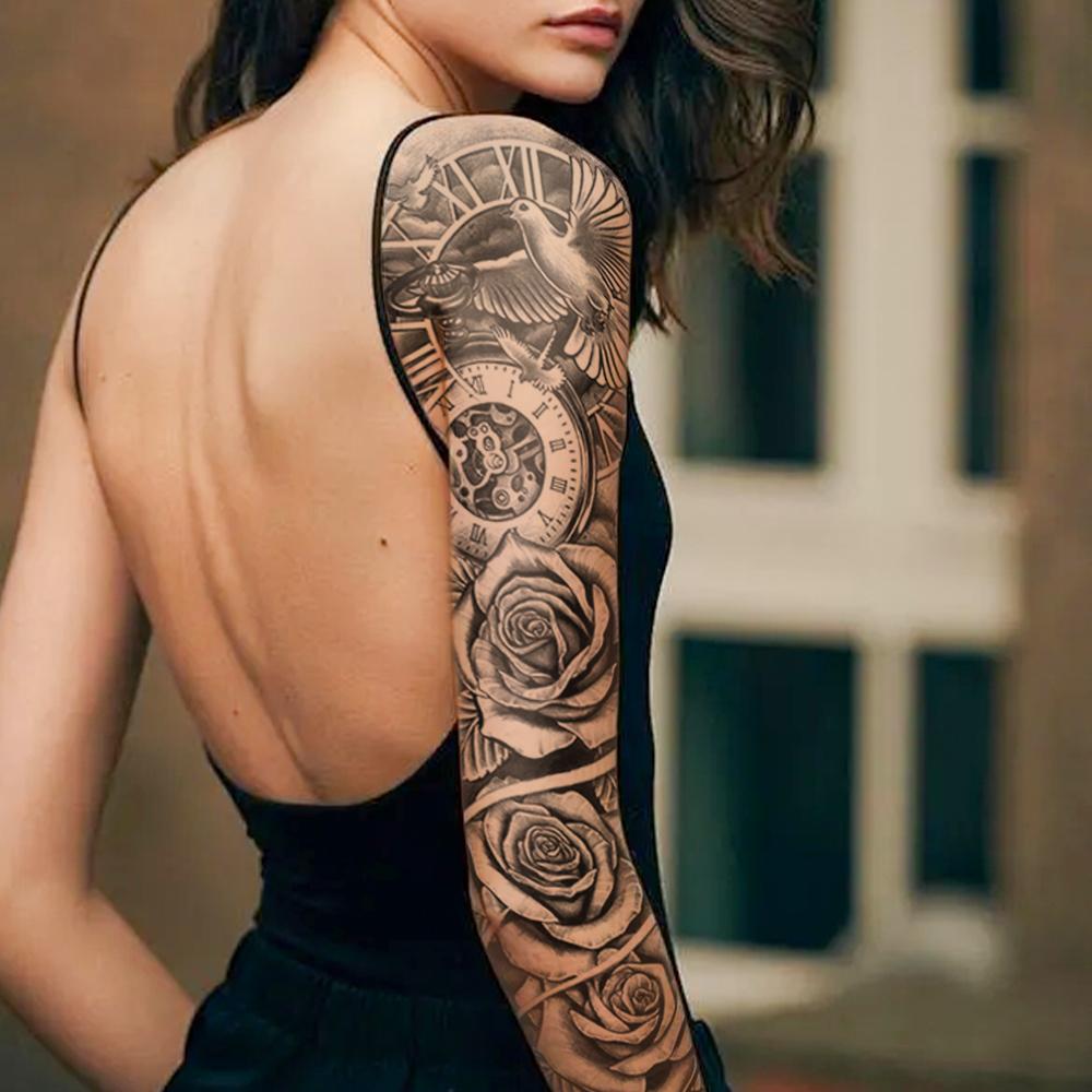 Manica Lunga Completa Impermeabile Tatuaggio Temporaneo Adesivo Orologio Fiore di Rosa Colomba Uccello Totem Finto Tatoo Body Art Uomini Donne Gamba
