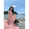 . New pink floral trailing dress long dress holiday style backless suspender seaside swing skirt