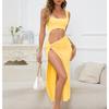 Women Long Dress Solid Color Hollow Navel Sexy Dress