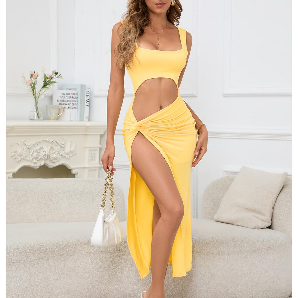 Women Long Dress Solid Color Hollow Navel Sexy Dress