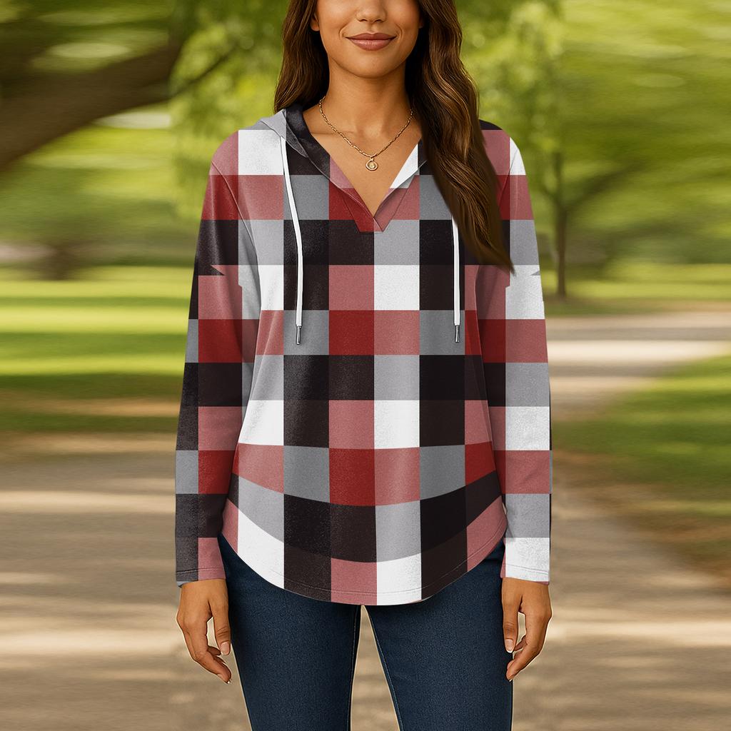 Damenmode Kapuzenpullover V-Ausschnitt Langarm Geblümter Kordelzug Lässig Locker Pullover Tops