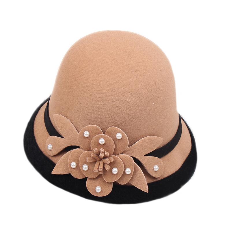 Wool Bucket Hat Ladies Autumn And Winter Leisure Basin Hat Fashion Bead Flower Felt Top Hat