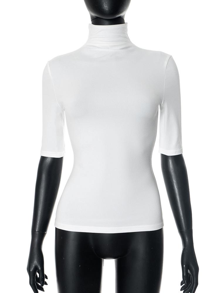 Y25TP032 Women's Solid Color High Neck Short Sleeve Bodycon T-Shirt for Spring/Summer