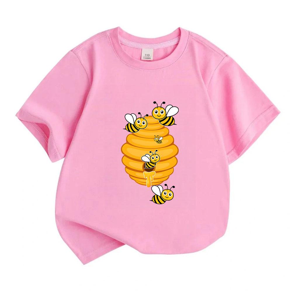 Kids Boys Girls Crew Neck Short Sleeve 100% Cotton T-Shirt, Cute Cartoon Bees Honeycomb Print Casual Soft Breathable Top For Daily Wear Summer Activit