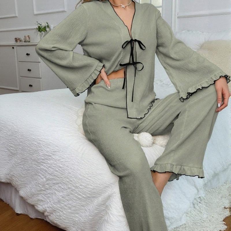 Design Inspired Sleepwear Women's Solid Color V-belt Cardigan Light Luxury Long Sleeved Home Suit Set, Casual, Breathable and Comfortable