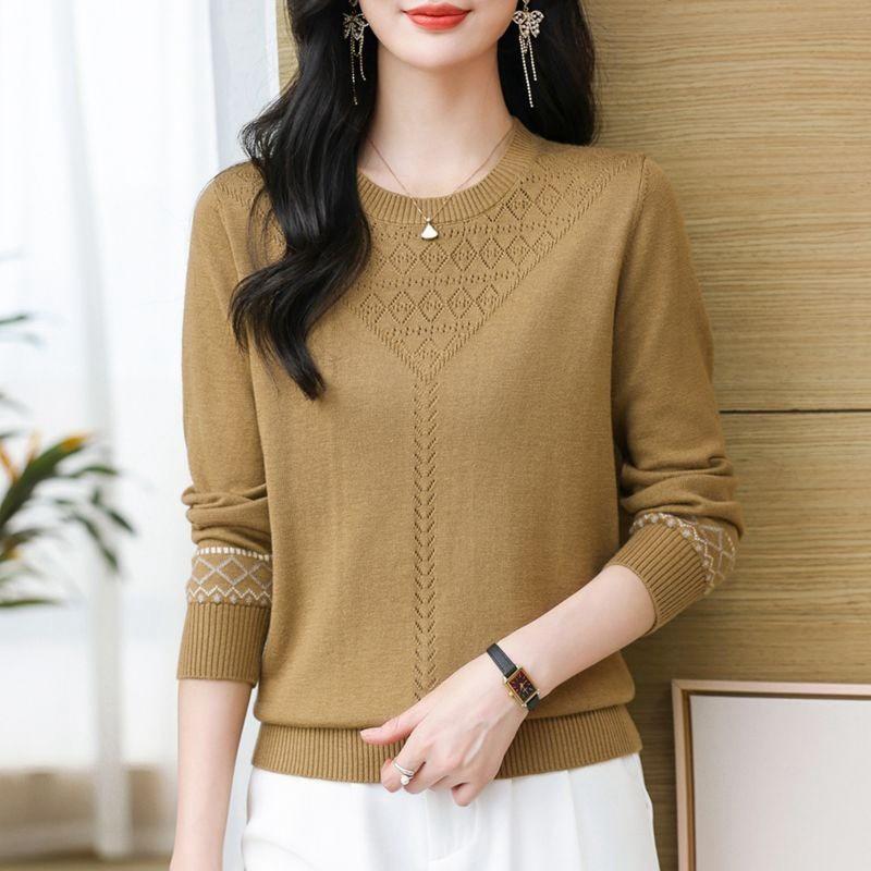 Thin Knitted Sweater Women's Spring Pullover Loose Version Fashion Mother Temperament Hollow Round Neck Long Sleeve Top Women's Front Shoulder