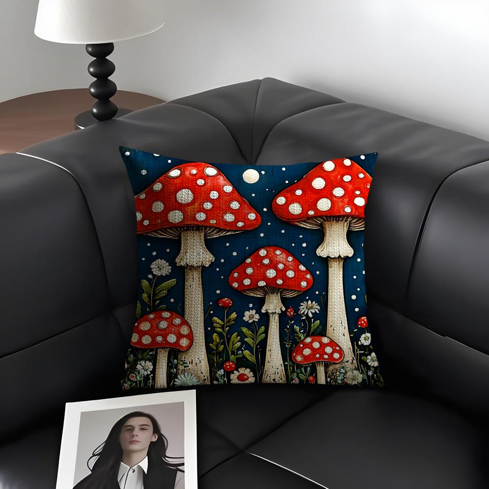 Mushroom Illustrations Cushion Cover Natural Linen Organic Fabric DoubleSided Printing Sofa Home Decor Gift Pillow Case