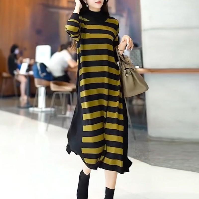 Kontrastní barva Dlouhé pletené šaty svetr s páskem