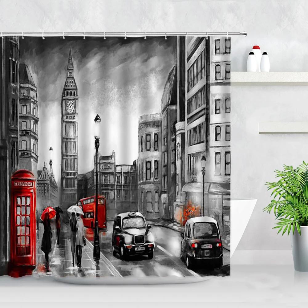 Black White New York City Scenery Shower Curtains Set 3D Building Home Wall Backdrop Decor Nordic Polyester Bathroom Bath Screen
