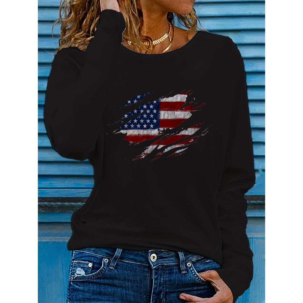 Women's Spring and Autumn Comfortable Casual Fashion Long Sleeve American Flag Pattern Printed Round Neck T-shirt