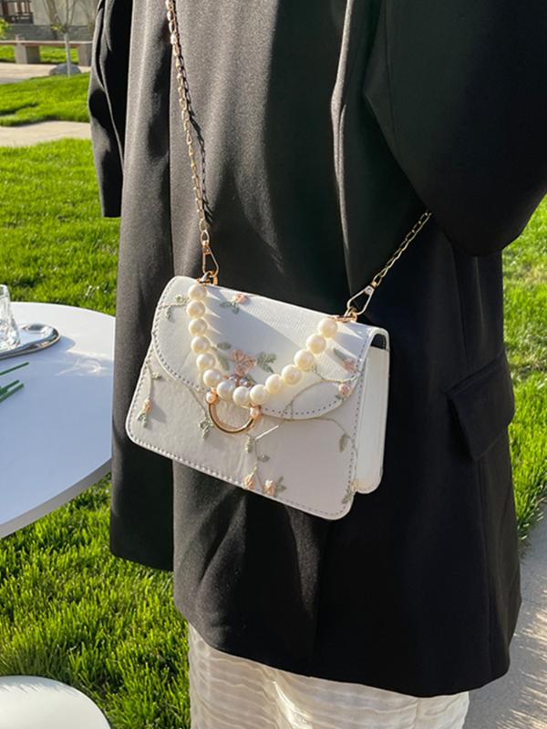 Genți de mână din dantelă dulce pentru femei Genți de mână încrucișate din piele Pu pentru femei, cu lanț de flori proaspete, genți de umăr cu cataramă de perle Mini genți