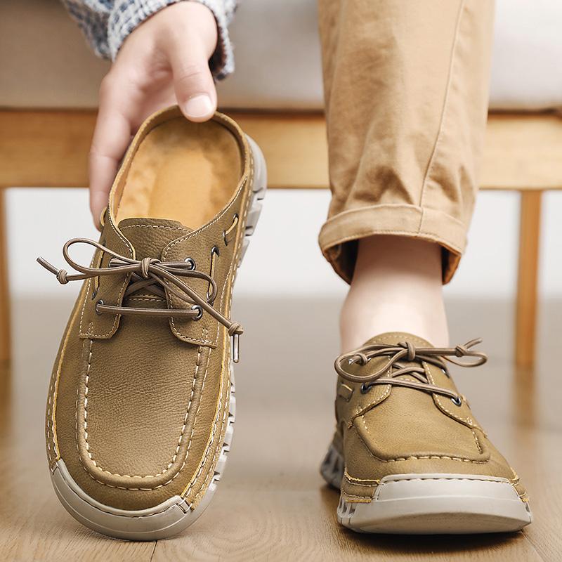 Men's Summer New Large Size Slip-On Driving Shoes Outdoor Genuine Leather Breathable Rubber Sole Square Toe Bean Bean Shoes