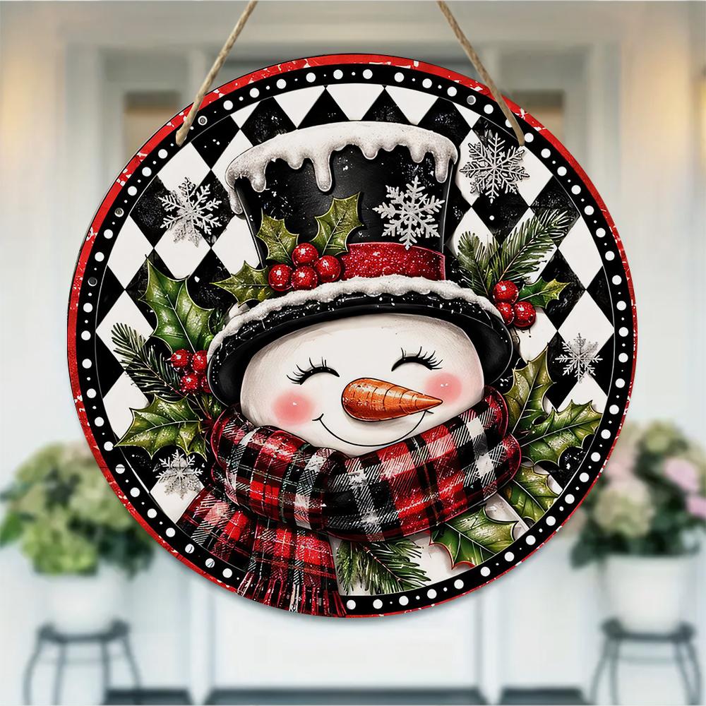 Snowman winter plaid patterned Round Wooden Hanging Plaque farmhouse wall art front door sign holiday Christmas home decor indoor outdoor ornaments