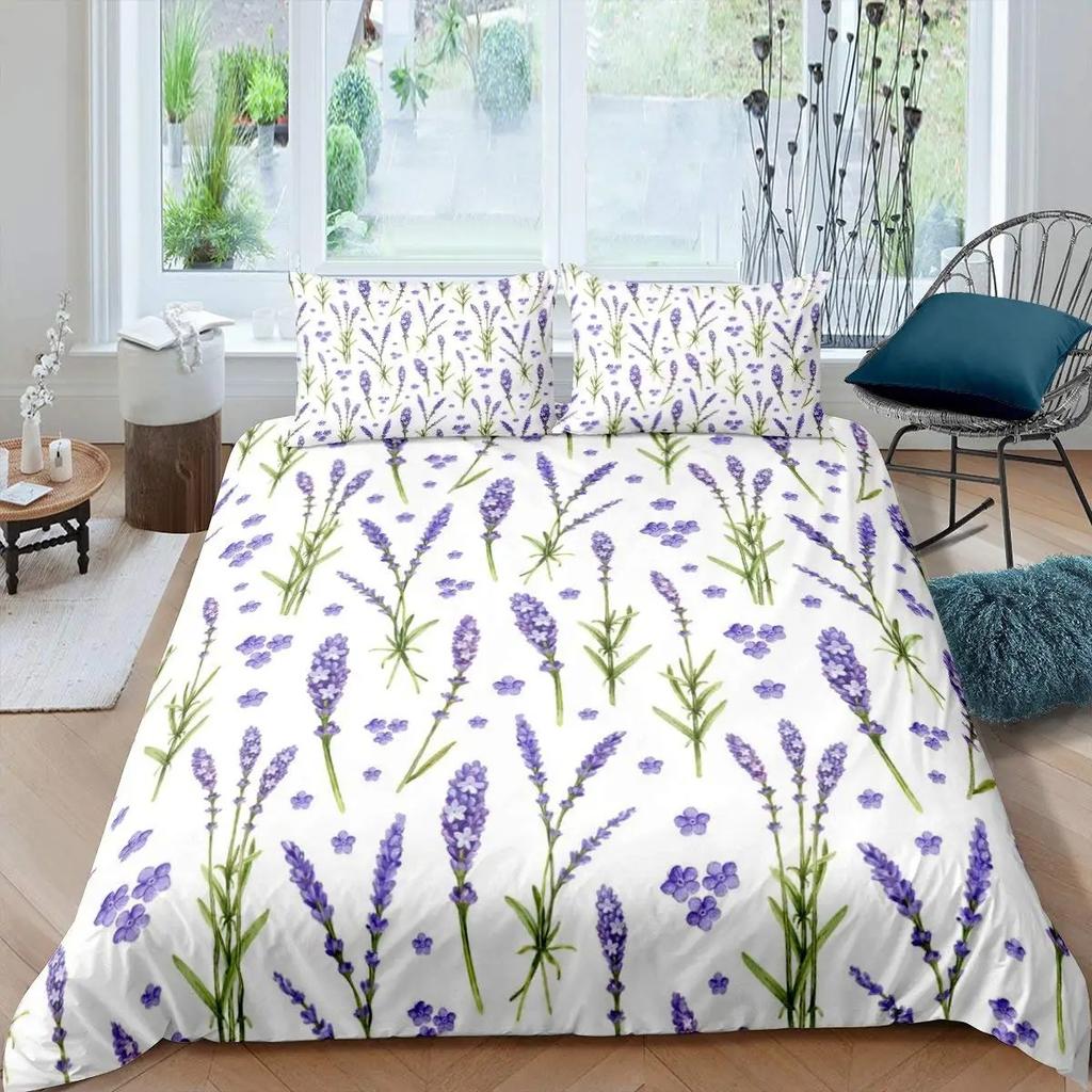 Lavender King Queen Duvet Cover Purple Flower Butterfly Bedding Set Abstract Marble Floral Comforter Cover Polyester Quilt Cover