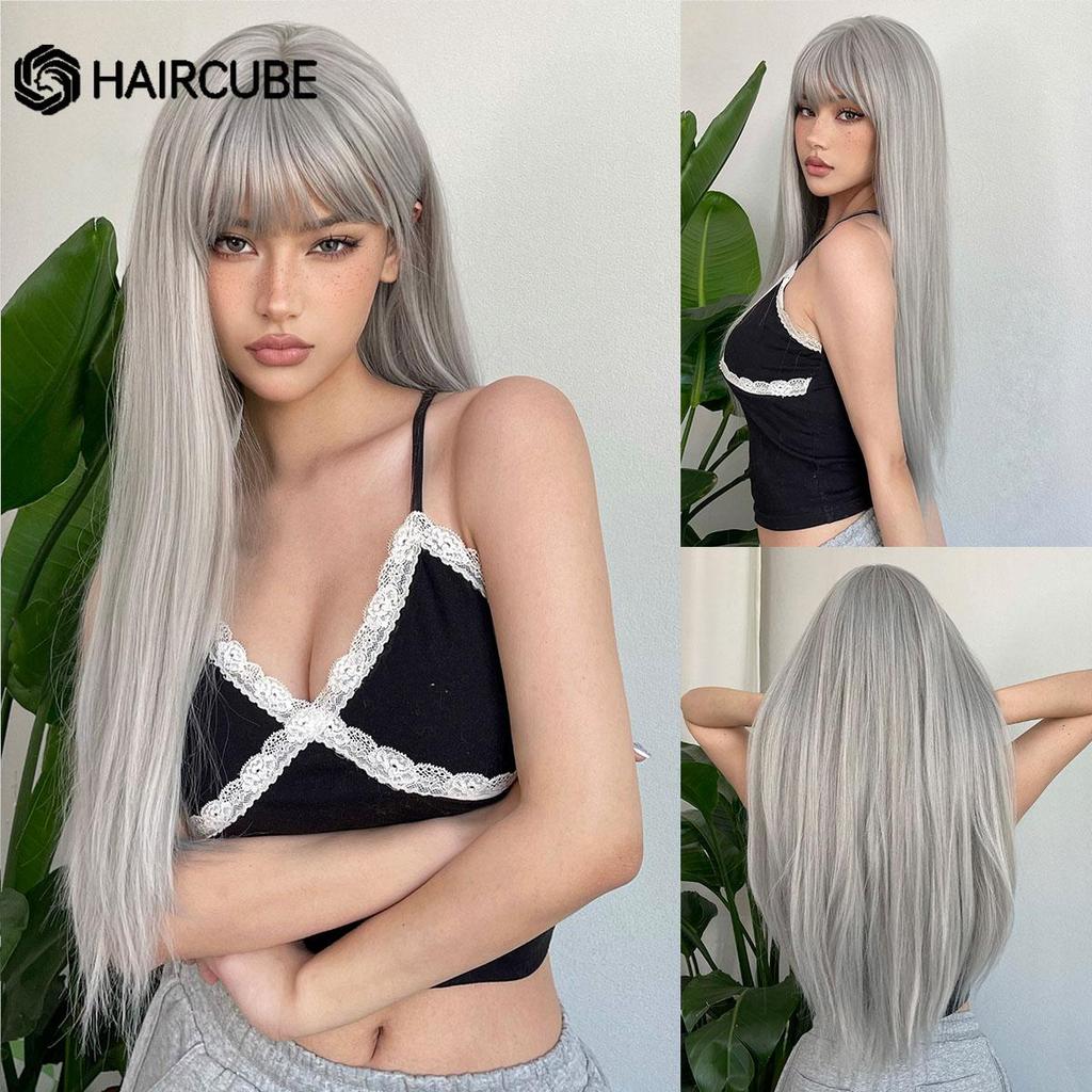 HAIRCUBE Silvery Grey Synthetic Straight Wig For Women Long Straight Gray Cosplay Wig With Bangs Daily Heat Resistant Fake Wigs