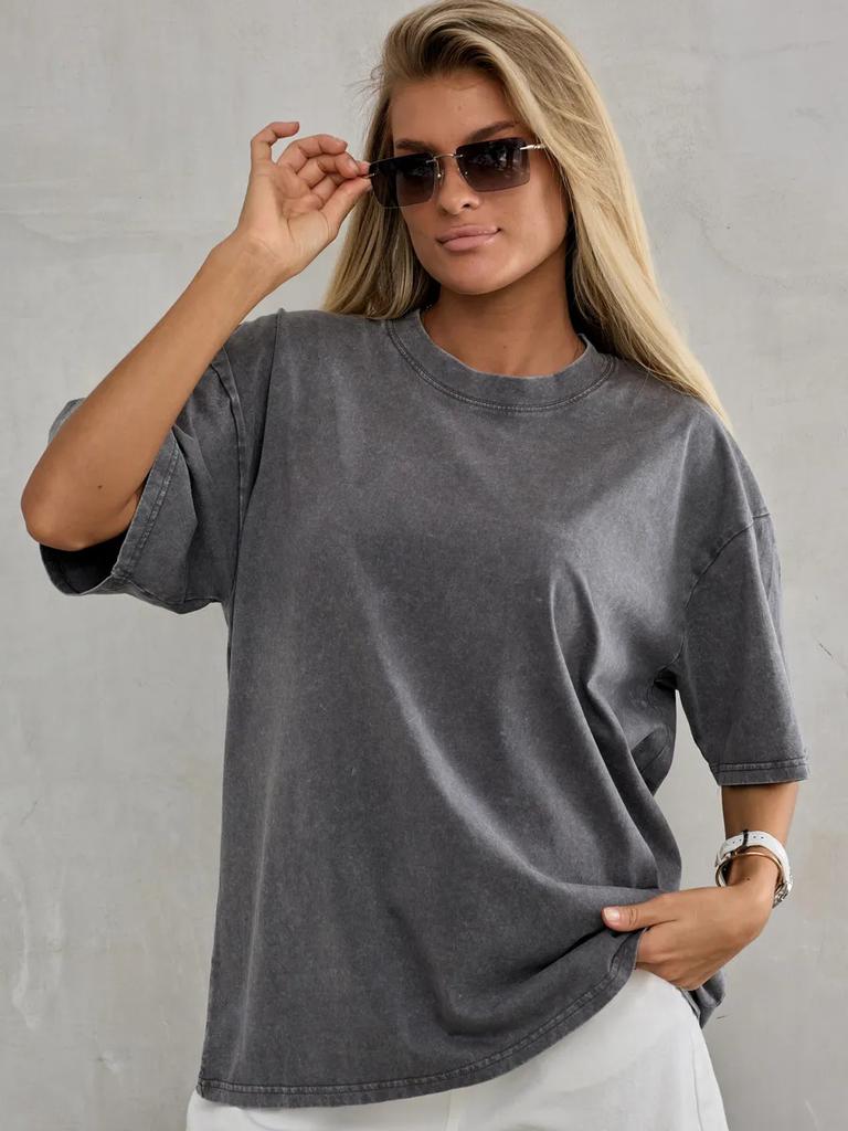 Camiseta Básica de Algodón Lavado Vintage Manga Corta Cuello Redondo Ajuste Holgado Streetwear para Mujer