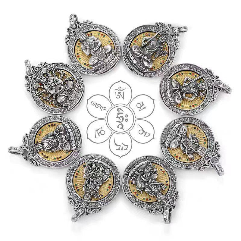 Thai Silver Eight Guardian God Pendant Necklace with Buddha and Six-Character Mantra for Men and Women