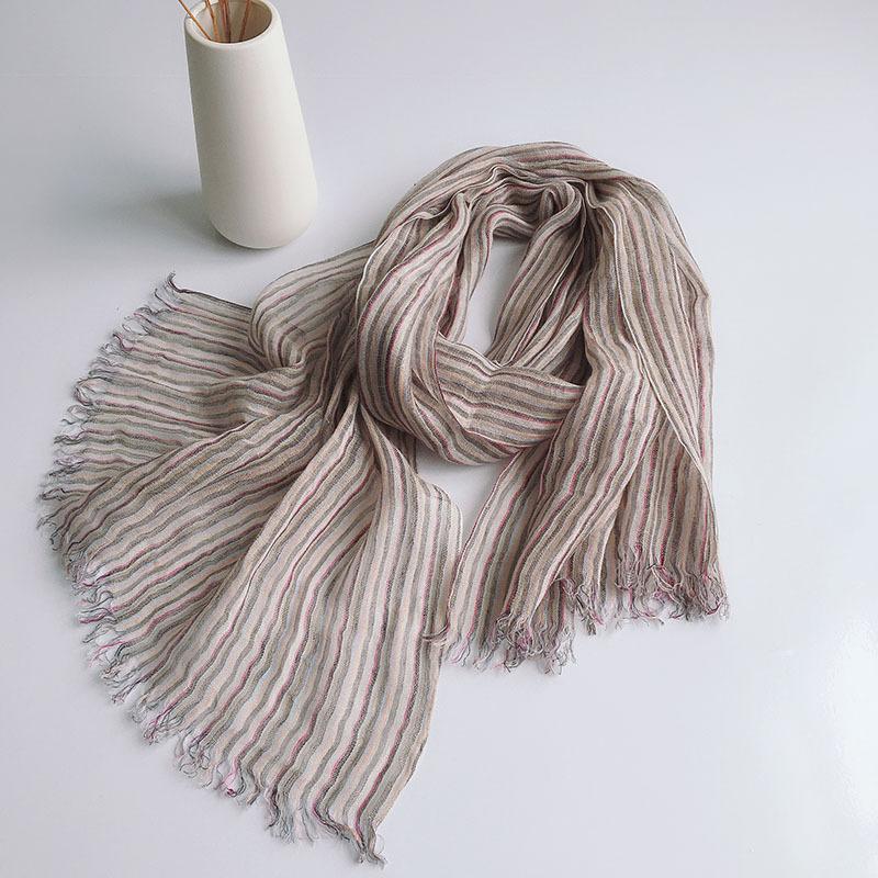 Striped Thin Linen Scarf Men And Women Couples Versatile Shawl Rough Edge Dual-Purpose Shawl Summer Sunscreen Silk Scarf