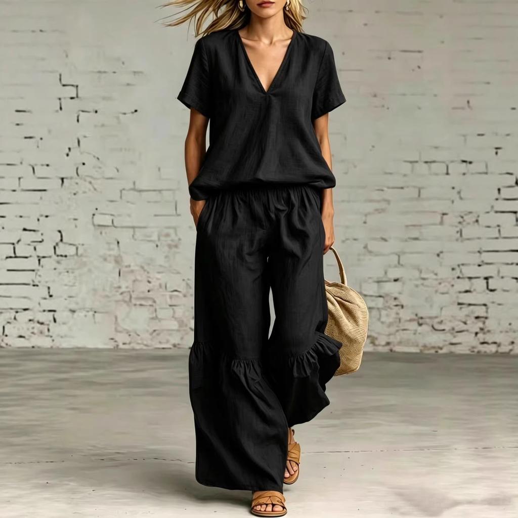 Women V Neck Ruffled Hem Linen Blend Two Piece Set Wide Leg Pants Summer Casual Outfit