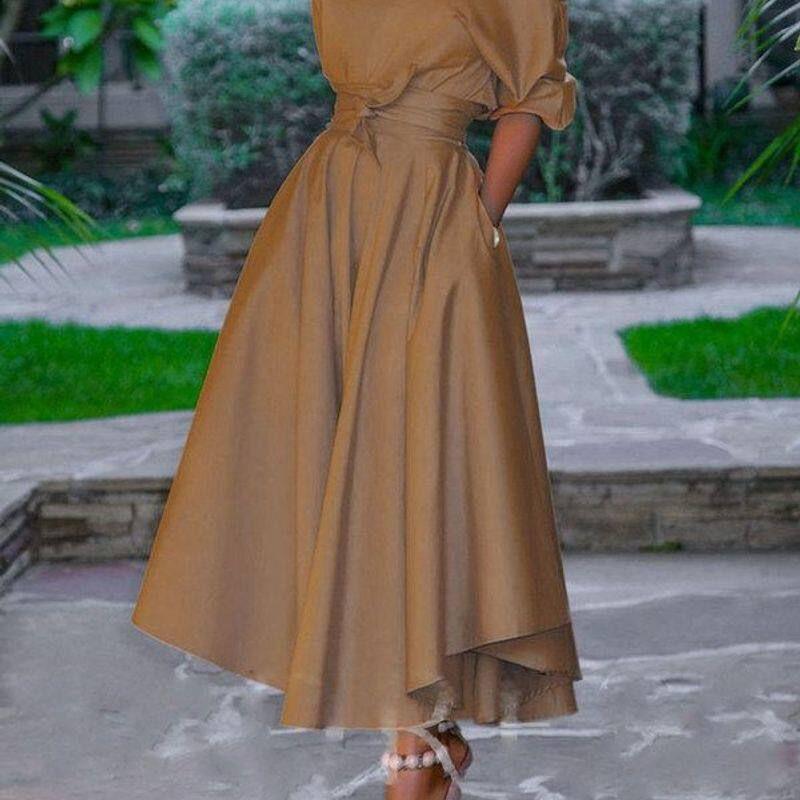 

2025 Cross-Border Summer New Foreign Trade Amazon European and American Women s Fashion One-Shoulder Tie-Waist Mid-Length Dress Midi Dress Gray XXXL
