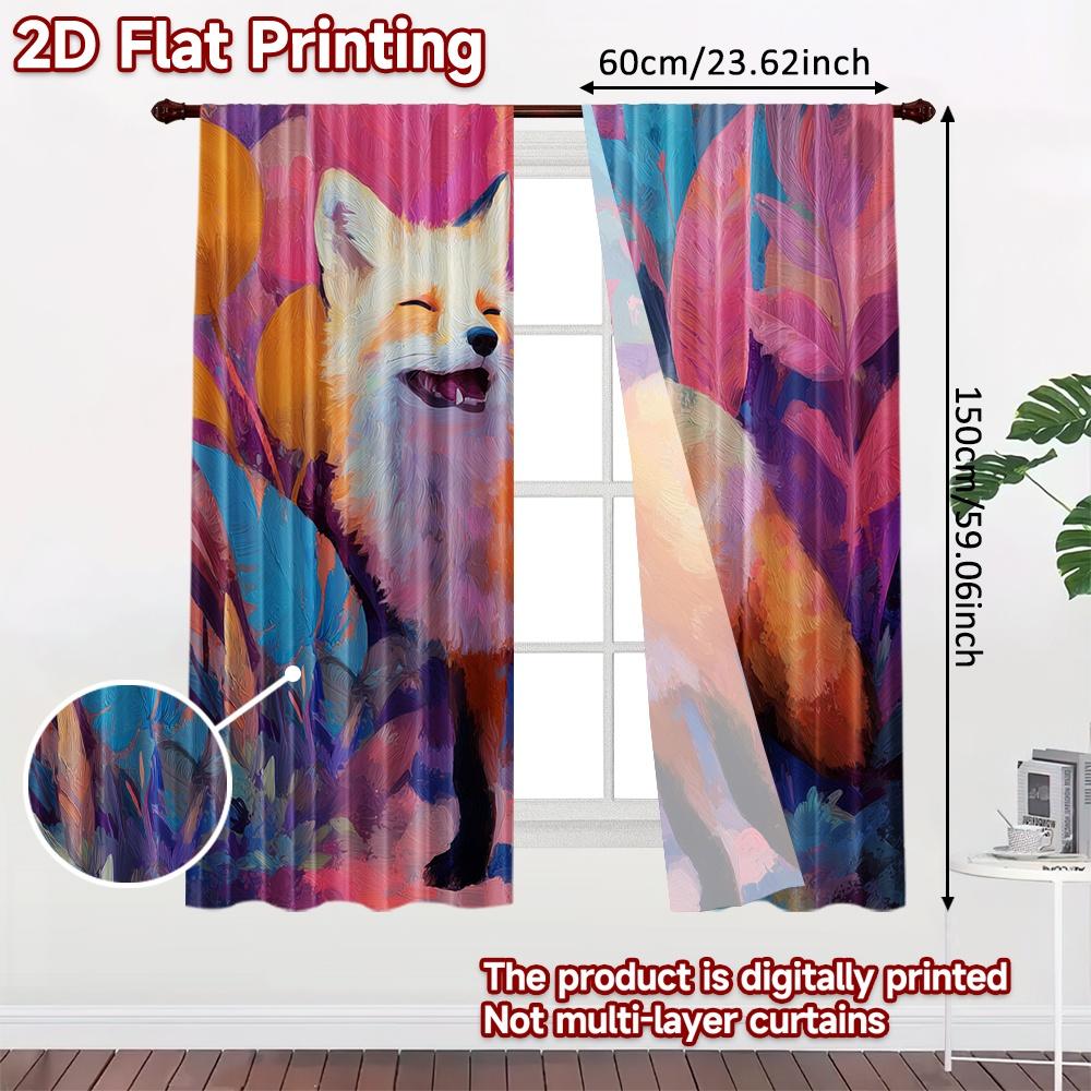 2pcs, 2D FLAT PRINTING Curtains (Without Rod) Autumn Fox(3) Digital Printing On Holiday Curtains Yarn Curtains Decorations