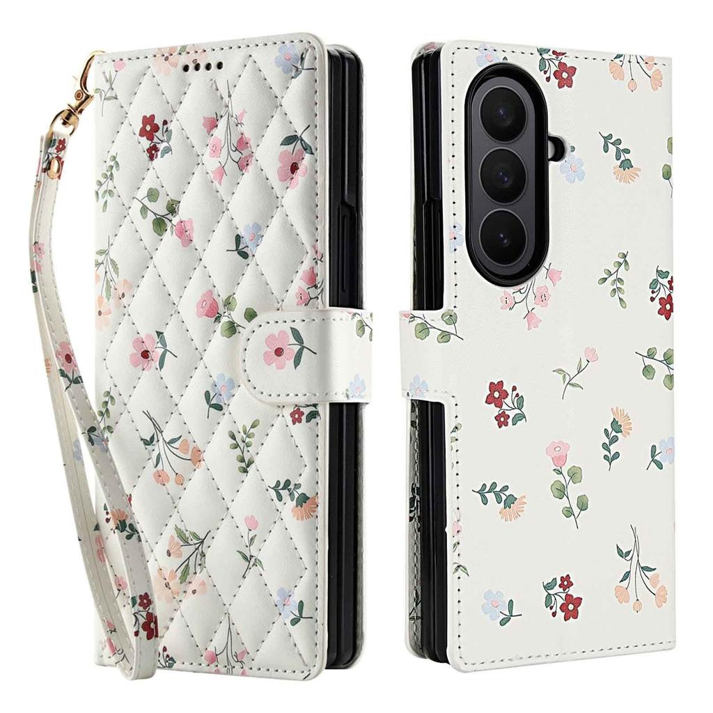 Applicable to Samsung Z Fold7Lanyard phone case with floral and checkered pattern leather cover Fold6/5/4Flip cover case