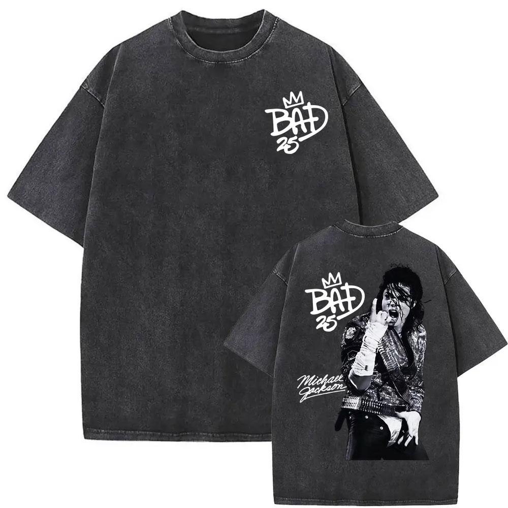Michael Jackson King of Pop MJ Vintage Washed T-Shirt Herren Damen High Street Gothic Klassisches T-Shirt Sommer Oberteile Hip Hop T-Shirt