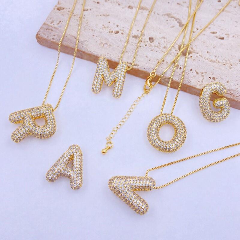 Copper Pendant Necklace With Zirconia Letter Charm Gold Rose White Box Chain Women Men Fashion Jewelry