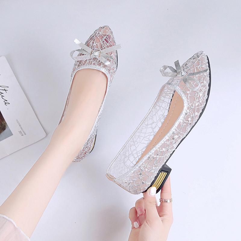 Fashion 2025 Summer Women's Transparent Shoes Female Breathable Mesh Sandals Woman Party Sequins Low Heels Women Silver Big Size Sandals