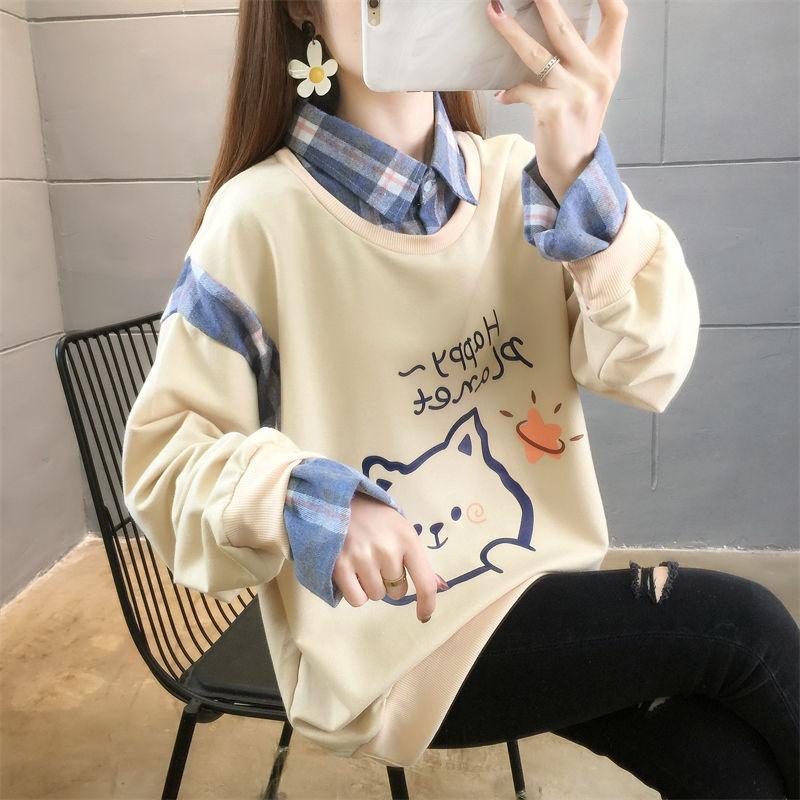 

Осенняя мода Два ложных элемента Принт Буквы Толстовки Женские Новые Длинный рукав Дизайн личности Воротник поло Универсальный топ XXL абрикосовый