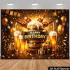 Toile de fond d'anniversaire thématique bière, plane 2D, noir et or, avec un tonneau à bière en bois au centre accompagné de bière