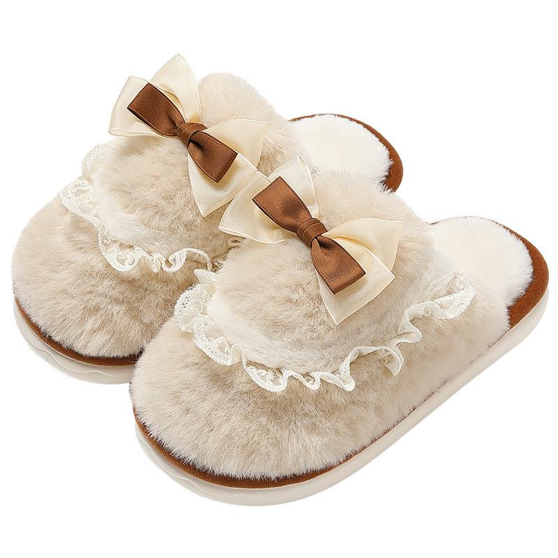 Bow cotton slippers couple indoor home winter warm thick bottom non-slip stepping on shit fluffy slippers winter