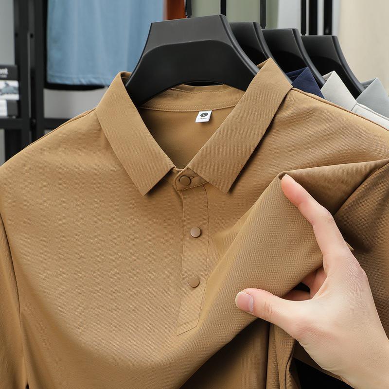 Pánské letní polo tričko z ledového hedvábí - Elastické, nemačkavé, jednobarevné, krátký rukáv, Business Casual s límečkem.
