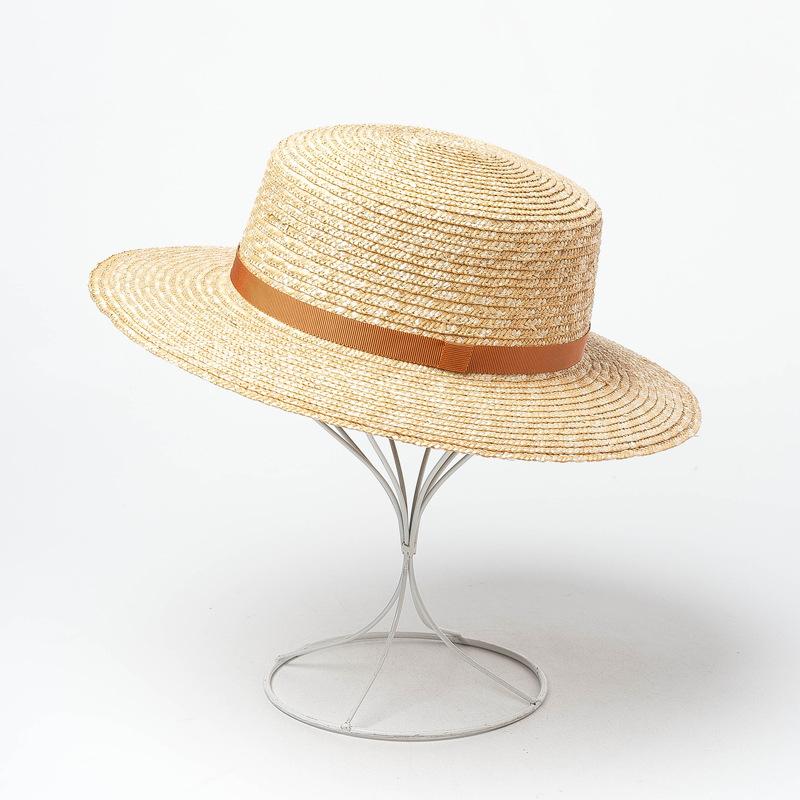 Spring and summer new simple and fashionable webbing decorative straw grass flat top top hat travel sunscreen sunshade flat top straw hat