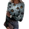 Womens Halloween Print Crew Neck Slim Fit Long Sleeve Base Layer Top Stretchy Casual Pullover Shirt with Patterned Design for Fall Season
