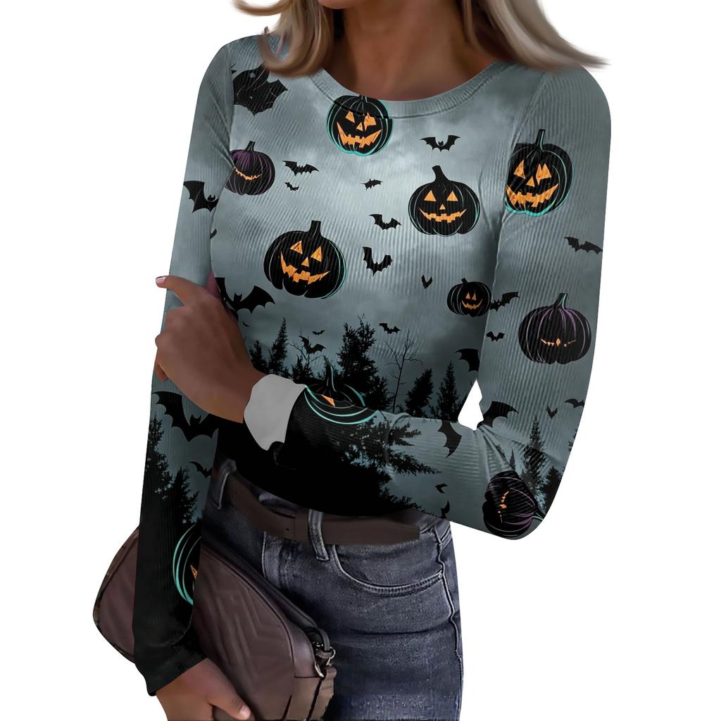 Womens Halloween Print Crew Neck Slim Fit Long Sleeve Base Layer Top Stretchy Casual Pullover Shirt with Patterned Design for Fall Season