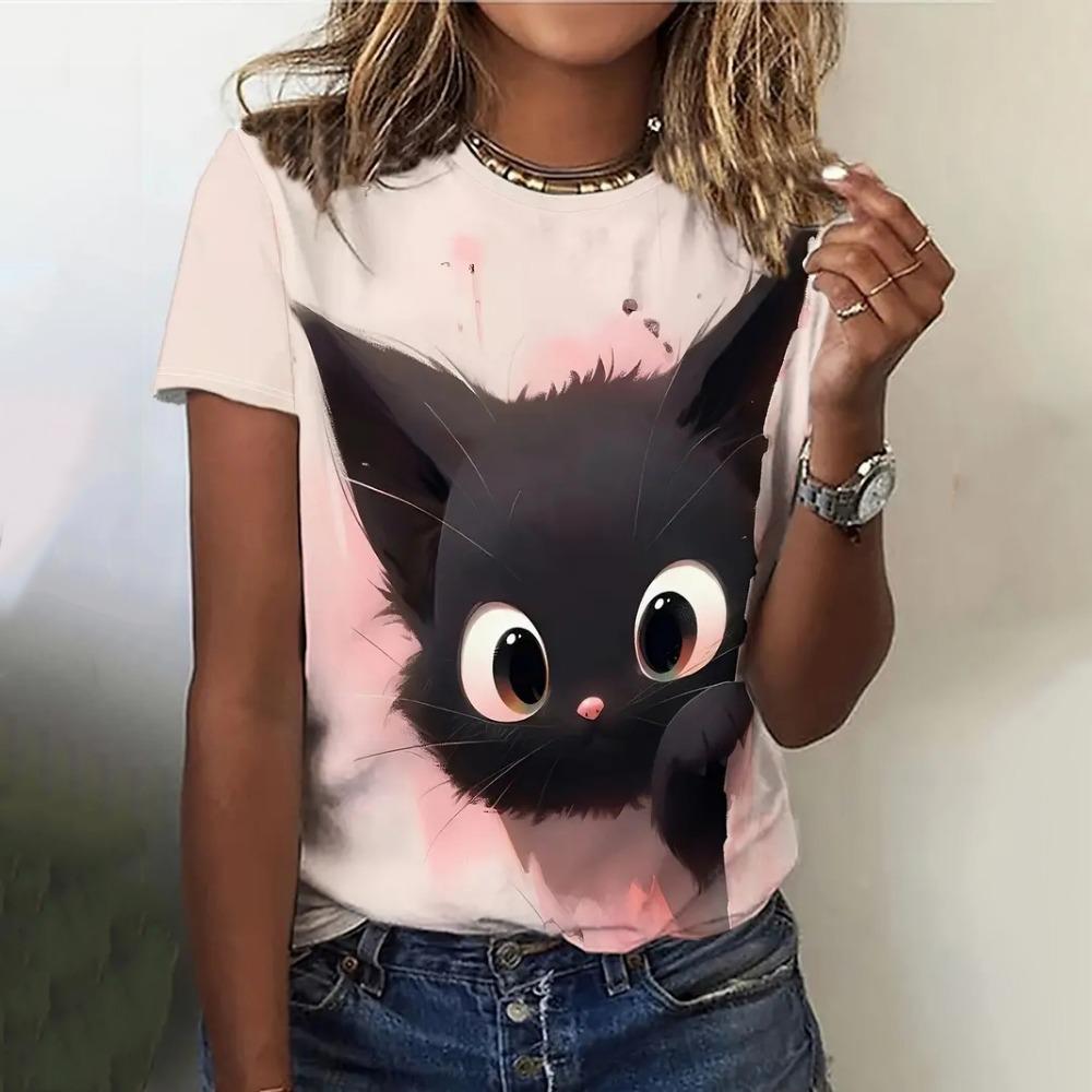 Damen T-Shirt 3D Niedliches Tier Mode Katze Print T-Shirt Sommer Top Lässig Kurzarm Y2k Übergroße Kleidung