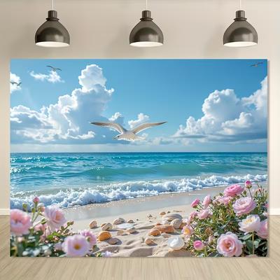Toile de fond de plage tropicale HD 2D, Toile de fond photo mouettes et coquillages