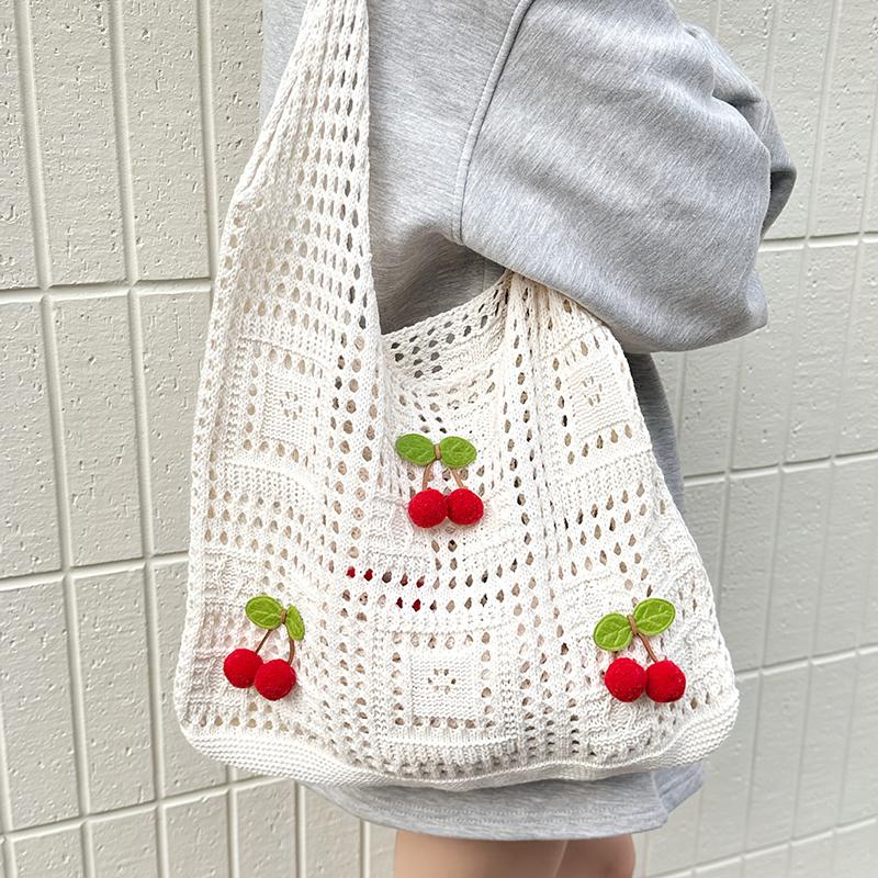 Yogodlns Women Crochet Tote Bag Fashion Knitted Bag Large Capacity Hollow Out Solid Color Woven Shoulder Bag Beach Bag