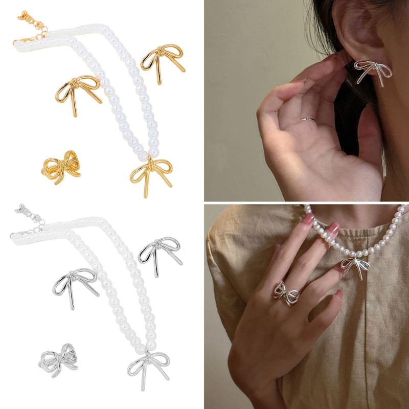 Lovely Bowknot Jewelry Set Dainty Necklace Ear Studs Rings Accessory Elegant Neckchains Earrings Rings Charm Adornment