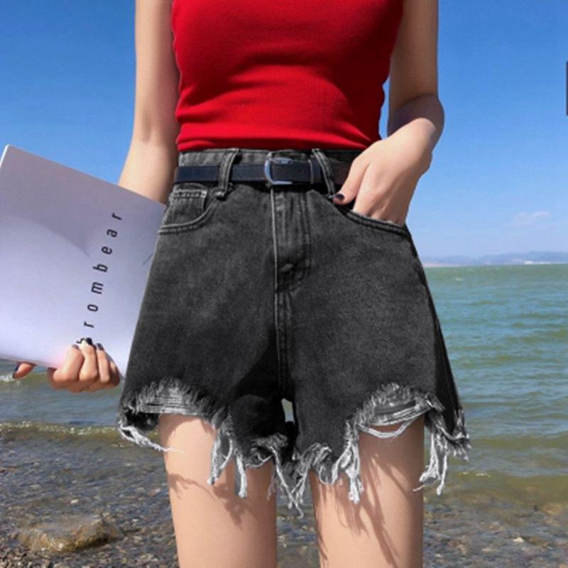 Summer Pants Classic and Minimalist Fashion Versatile Black Women's High-waisted Loose Summer Hole-breaking Thin Burlap Wide-legged Son Denim Shorts