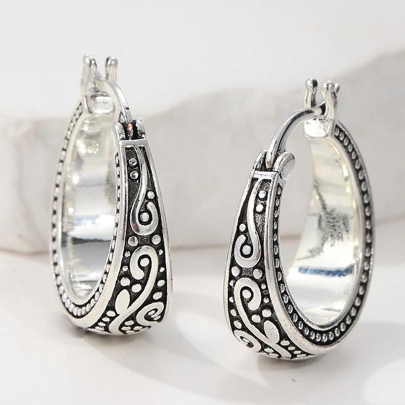 Bohemia Ethnic Style Silvery Plated Hand Carved Textured Hoop Earrings for Women's Vintage Concise Festival Jewelry Accessories