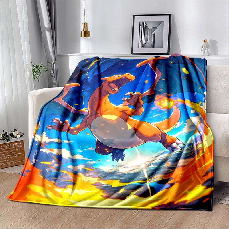3D-Printed Cute Cartoon Charizard Blanket — Fluffy, Soft, and Warm Throw for Bedroom Decor and Home Comfort