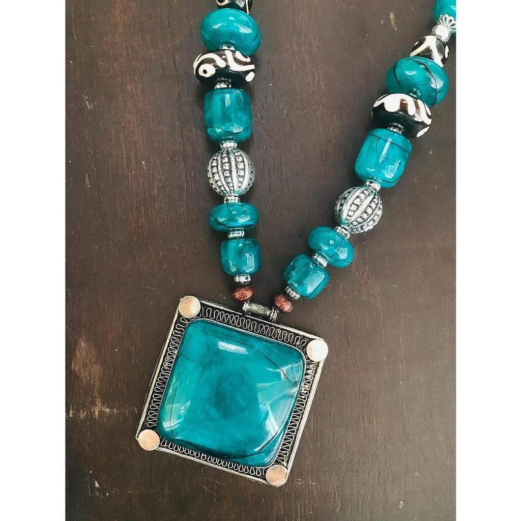 Antique Silver Oxidised Tribal Tibetan Bohemian Jewellery Tibetan Stone Necklace(Black White Tribal Beads with Mint Stone) (Sea Green)