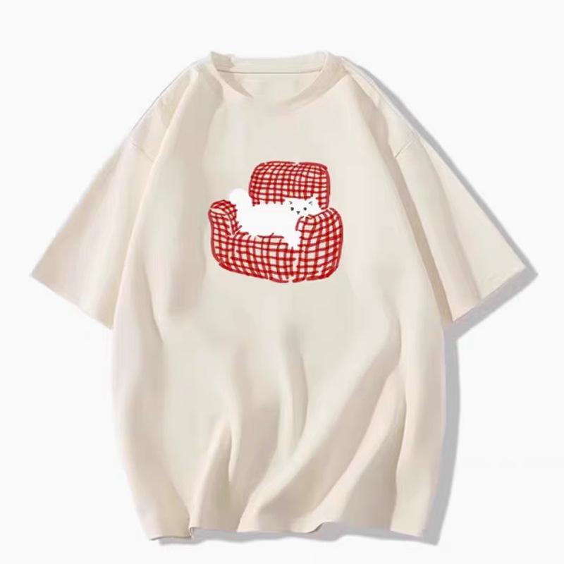 Summer short-sleeved t-shirt new popular kitten print design sense front shoulder American loose short-sleeved top t-shirt